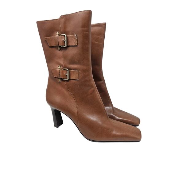 Vintage Y2K Bandolino 10 Brown Leather Square Toe Buckle Chunky Boot Minimalist - Picture 4 of 7